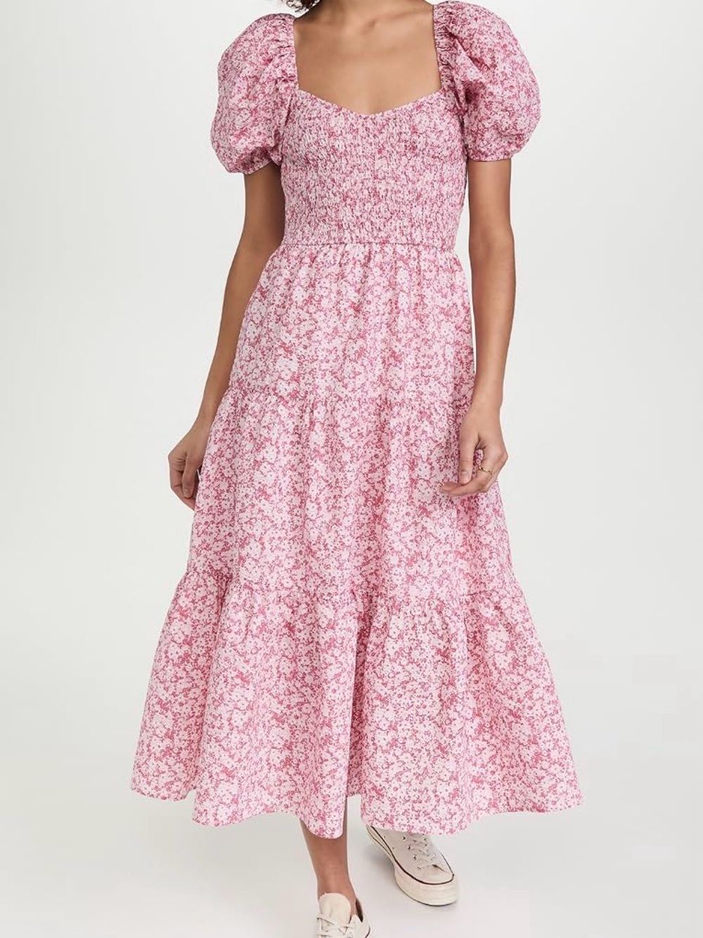 Moon River Smocked puff sleeve Tiered Midi Dress Pink Floral Size S